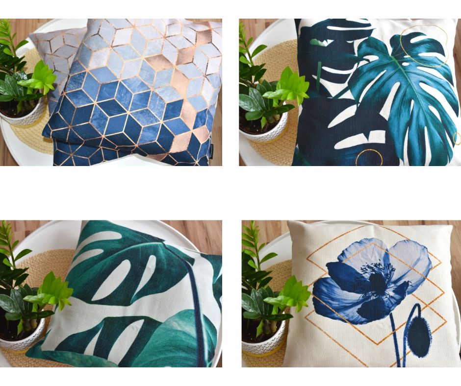 Poduszki dekoracyjne w liście, turkusowe i niebieskie, kwiaty, nowoczesne