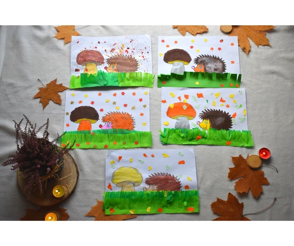 kolorowanka jesienna, szablon jeż grzyb, jesień praca plastyczna przedszkole