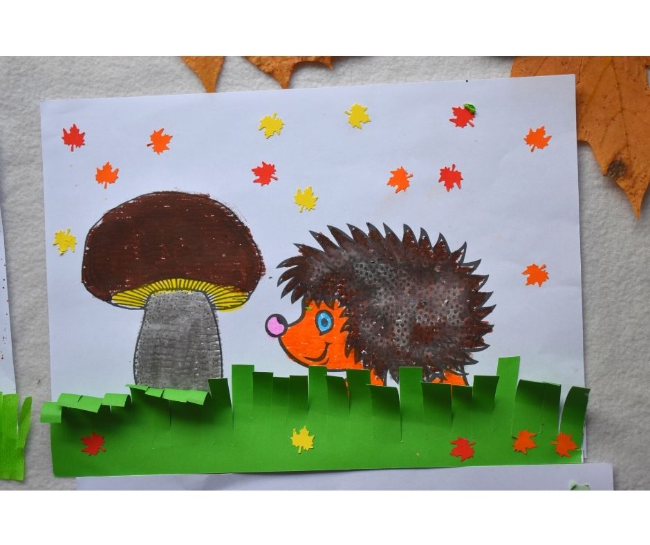 kolorowanka jesienna, szablon jeż grzyb, jesień praca plastyczna przedszkole